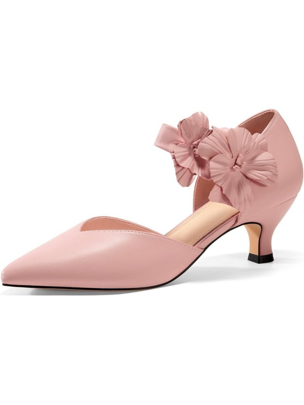 Women's Pink Low Kitten Heels Shoes Closed Toe Flower Slip on Formal Heels Pumps